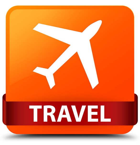 Viaje (icono de avión) botón cuadrado naranja cinta roja en el centro
 - Foto, Imagen