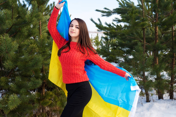 Ένα νεαρό κορίτσι χαριτωμένο κατέχει μια σημαία της Ουκρανίας. - Φωτογραφία, εικόνα