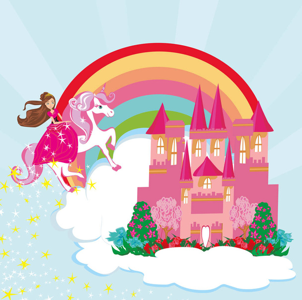 chica en un unicornio volando en un arco iris - Vector, Imagen
