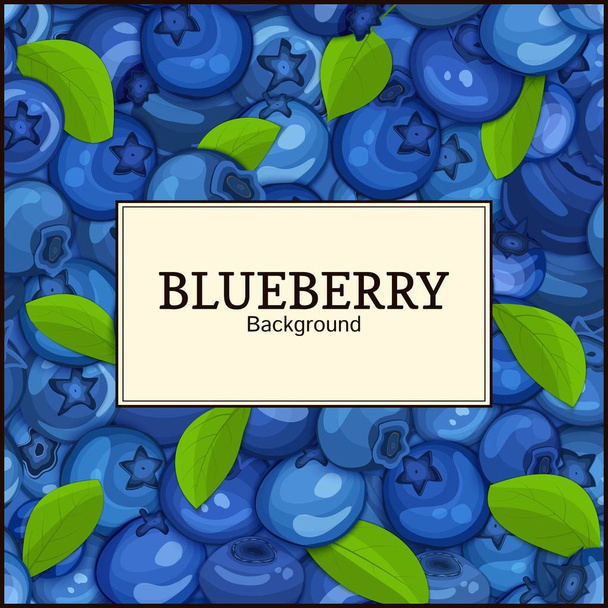 Square white label on ripe blueberry berry and leaves background. Vector card illustration. Blue bilberry beries fresh and juicy frame for design of food packaging juice breakfast tea detox diet - Διάνυσμα, εικόνα