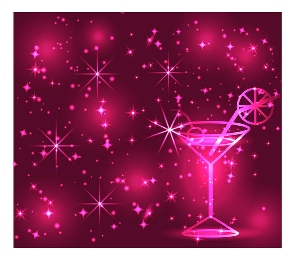 Golden outline of glasses with a cocktail on a pink background with stars and lights, disco, club, neon glow - Vector, afbeelding
