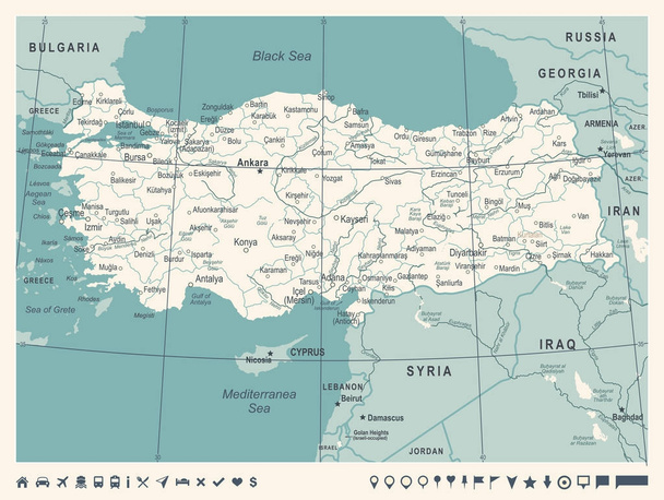 Turkey Map - Vintage Vector Illustration - Vector, Image