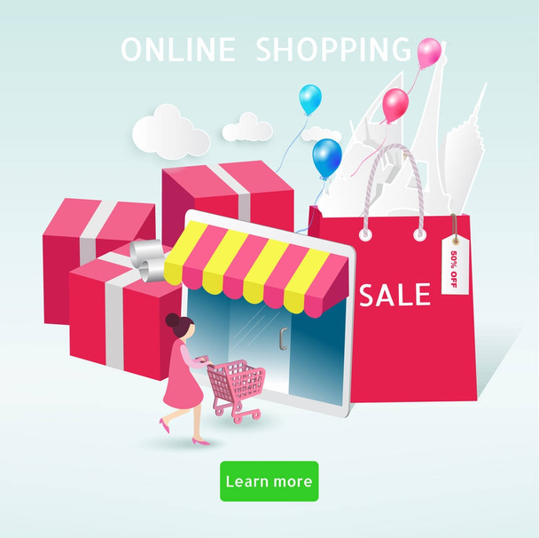 Online Shopping Concept. Happy Woman Shopping by her tablet.  - Vetor, Imagem