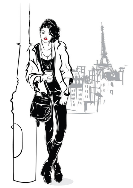 Fashion girl in sketch style on a white background. - Vector, Image