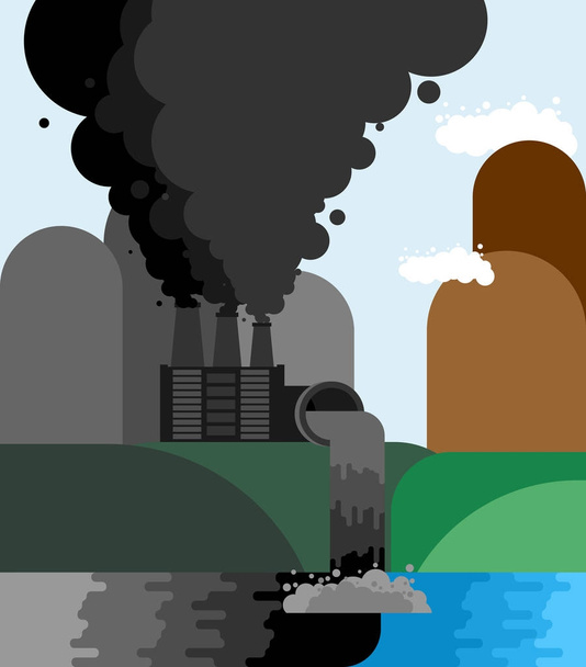 Industrial landscape. Plant emissions into river. Environmental  - Vector, Image
