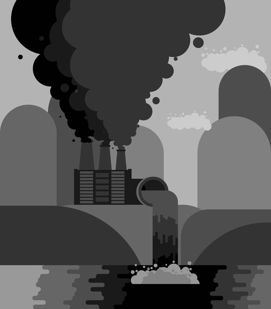 Industrial landscape. Plant emissions into river. Environmental  - Vector, Image