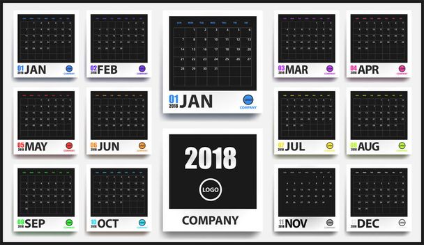 2018 は、分離した影で現実的なフォト フレーム カレンダー モックアップを着色しました。イベント プランナー。すべてのサイズ。ベクトル図 - ベクター画像