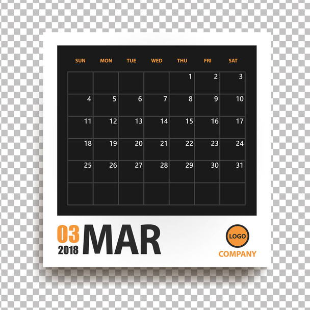 De kalender van maart 2018 in realistische fotolijst met schaduw geïsoleerd op transparante achtergrond. Evenement planner. Alle grootte. Vectorillustratie - Vector, afbeelding