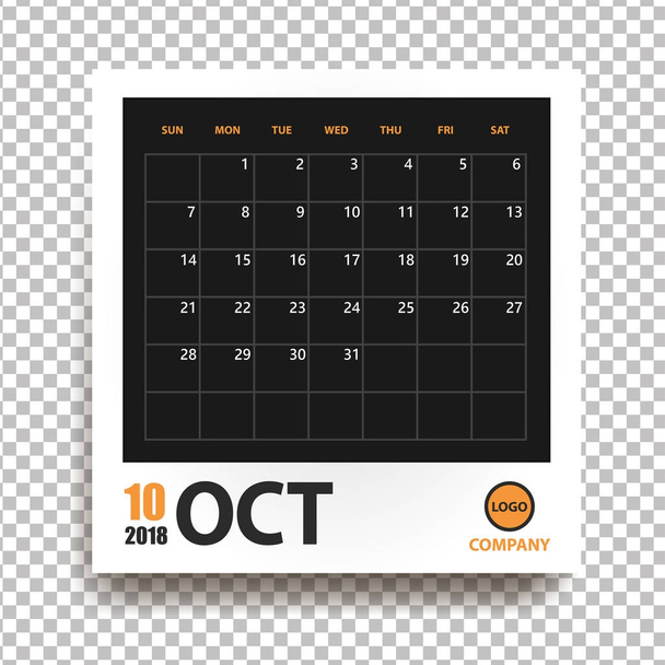 De kalender van oktober 2018 in realistische fotolijst met schaduw geïsoleerd op transparante achtergrond. Evenement planner. Alle grootte. Vectorillustratie - Vector, afbeelding