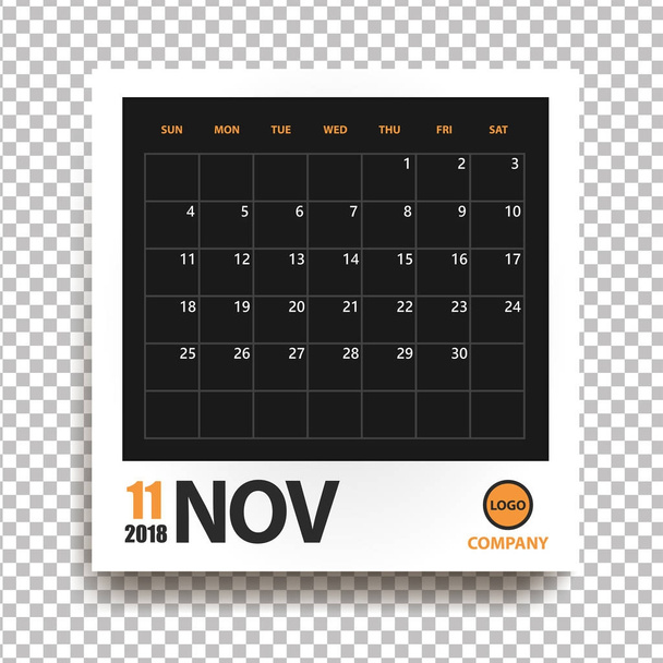 De kalender van november 2018 in realistische fotolijst met schaduw geïsoleerd op transparante achtergrond. Evenement planner. Alle grootte. Vectorillustratie - Vector, afbeelding