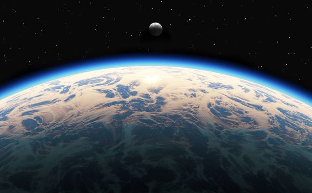 Ανατολή ηλίου γη με σύννεφα, φεγγάρι και αστέρια - Φωτογραφία, εικόνα