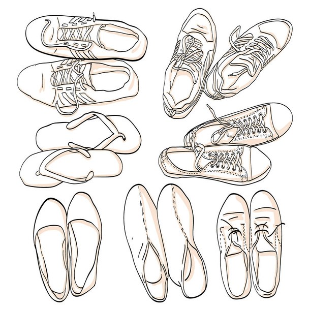 Set hand drawn graphic Men and women Footwear, shoes. Vector illustration of Casual and sport style, gumshoes. sneakers, boots, pumps. isolated object copy space. - Vector, Image
