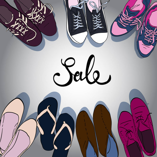 Set hand drawn graphic Men and women Footwear, shoes. Vector illustration of Casual and sport style, gumshoes.  sneakers, boots, pumps. isolated object copy space. - Vector, Image