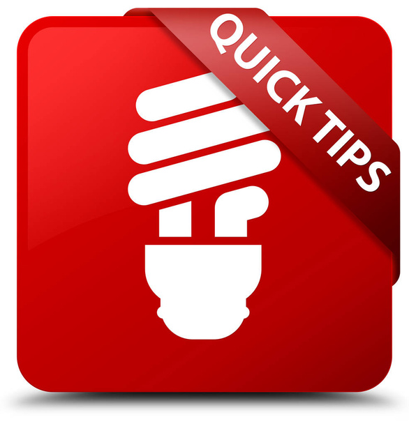 Γρήγορες συμβουλές (εικονίδιο λάμπας) κόκκινο τετράγωνο κουμπί κόκκινη κορδέλα στην γωνία - Φωτογραφία, εικόνα