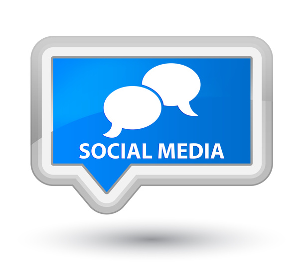 Mídia social (ícone de bolha de chat) botão de banner azul ciano principal
 - Foto, Imagem