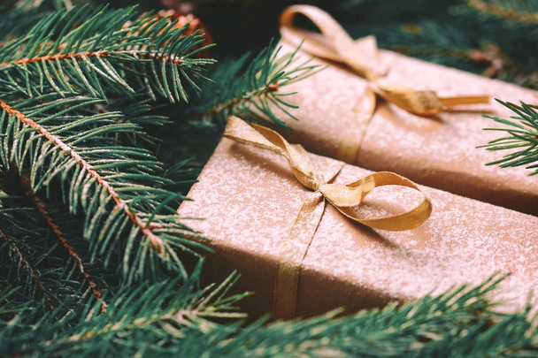 Christmas background. Craft gift boxes and decoration - Photo, image