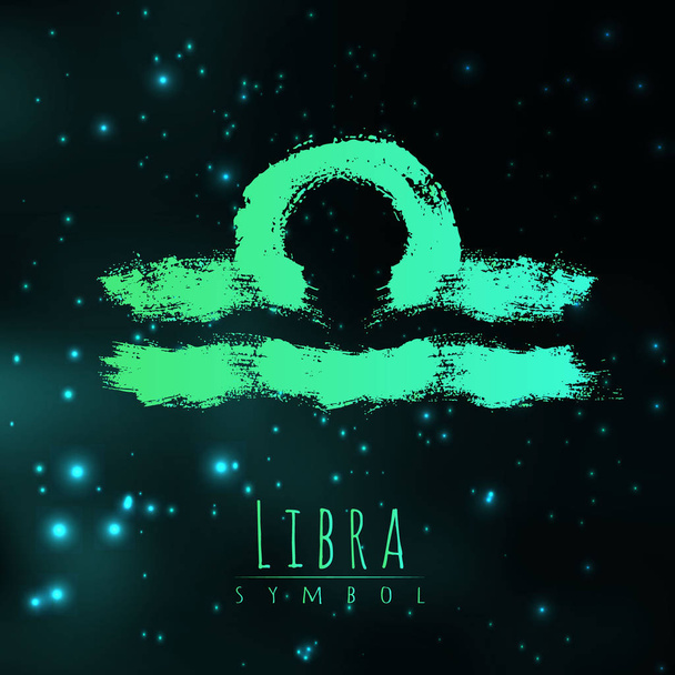 Vector abstract zodiac sign Libra on a dark cosmic background of the space with shining stars. Nebula in form of zodiac sign Libra . Abstract brush stroke sign. Bright modern gradient symbol. Logo - Vector, imagen