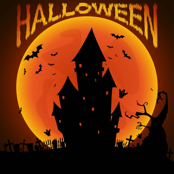 Halloween design de fundo com castelo, morcegos e lua cheia. Ilustração vetorial
 - Vetor, Imagem