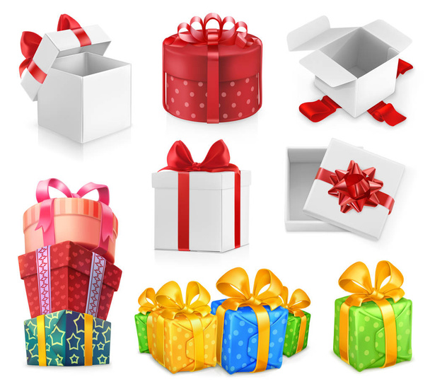 Gift boxes with bows. 3d vector icon set - Vector, Image