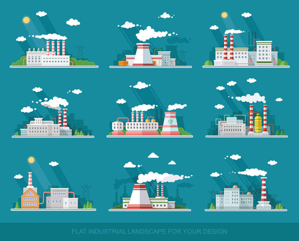 Industrial landscape set. The nuclear power plant and factory on - Vector, Image