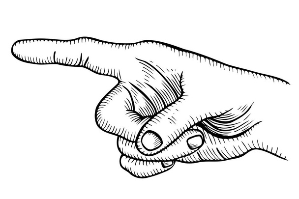 Pointing finger. Vector black vintage engraved illustration isolated on a white background. Hand sign for web, poster, info graphic - Vektör, Görsel