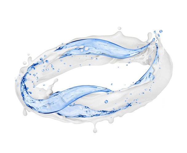 La leche con salpicaduras de agua rota en un círculo sobre fondo blanco
  - Foto, imagen