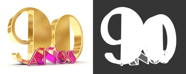 Number ninety years (90 years) celebration design. Anniversary golden number template elements for your birthday party. Translated from Spanish - Years. 3D illustration  - Φωτογραφία, εικόνα