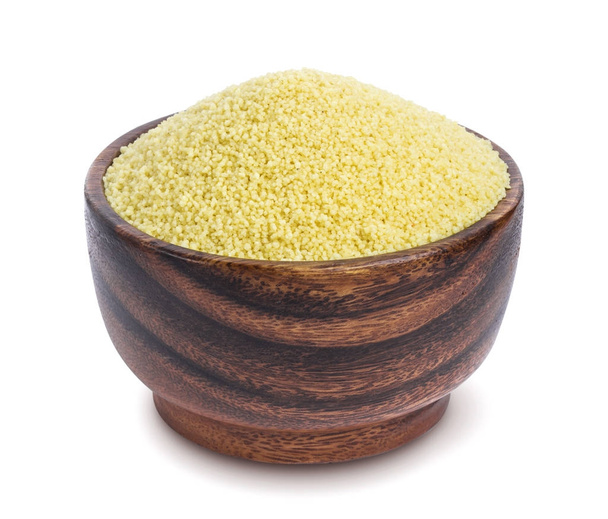 Couscous in wooden bowl isolated on white background - Photo, Image