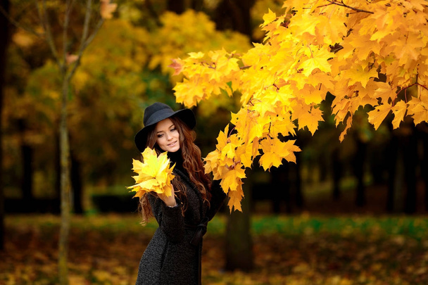 woman with autumn leaves in hand and fall yellow maple garden background - Φωτογραφία, εικόνα