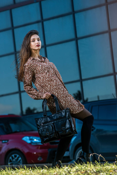 krásná mladá žena pózuje s kožený sáček v šatech - Fotografie, Obrázek