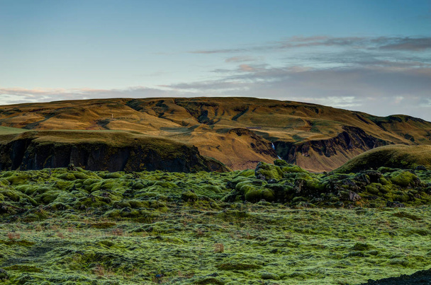 Iceland Landscape with green moss and view towards mountains dar - Foto, Imagen