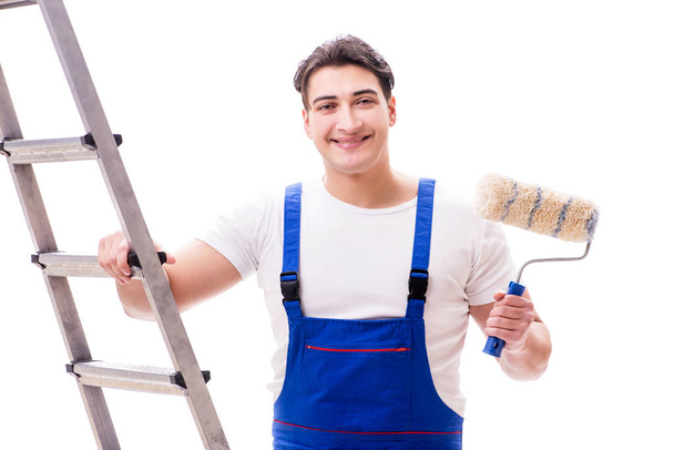 Young painter man with ladder isolated on white background - Zdjęcie, obraz