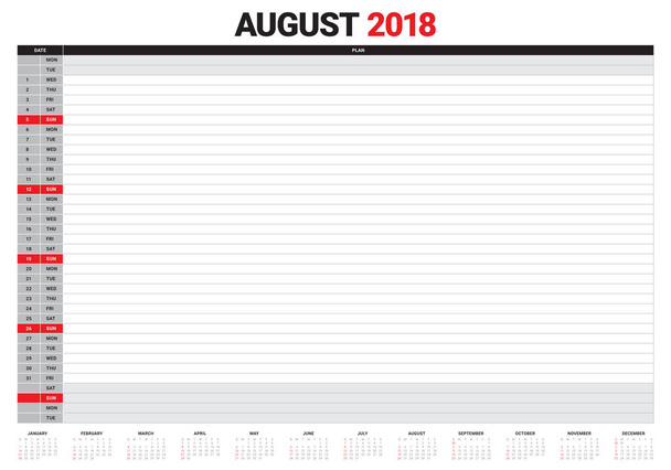 Augusztus 2018 tervező naptár vektoros illusztráció - Vektor, kép