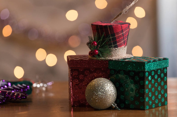 Holiday Ornaments On Wood Table Abstract Christmas Background. - Φωτογραφία, εικόνα