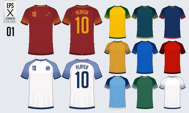 サッカー ジャージー、サッカー キット テンプレートのスポーツ デザインした t シャツ。フットボール t シャツをモックアップします。前面と背面は、サッカー制服を表示します。ベクトル. - ベクター画像