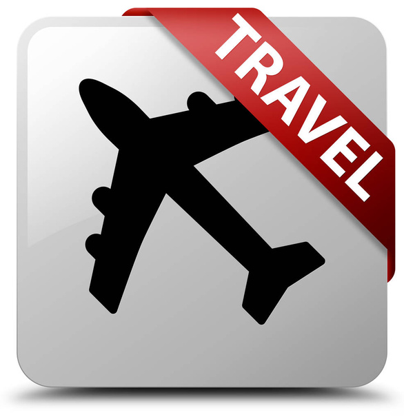 Reizen (vliegtuig pictogram) witte vierkante knop rood lint in hoek - Foto, afbeelding