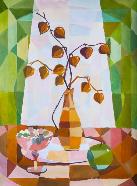 Bodegón decorativo con physalis, uvas y manzana
 - Foto, imagen