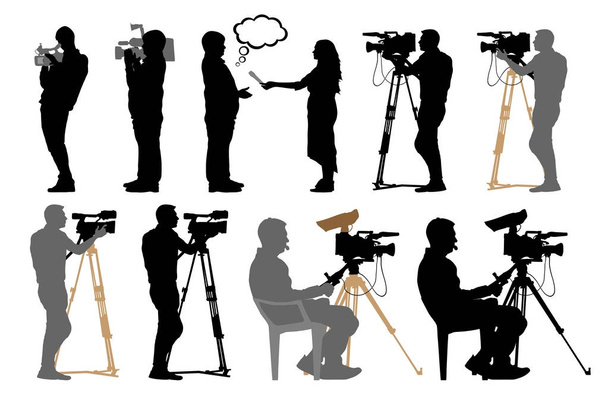 Cameraman met videocamera, silhouet set - Vector, afbeelding