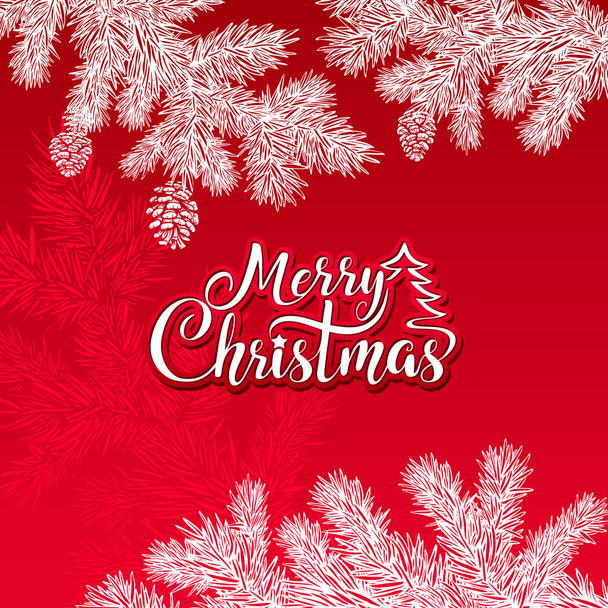Merry Christmas vector text on a red background with a white silhouette of tree branches and cones. - Vektor, obrázek