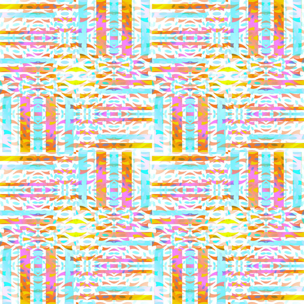 Patrón de rayas intrincadas inconsútiles regulares azul claro violeta amarillo naranja marrón blanco desplazado
 - Foto, imagen