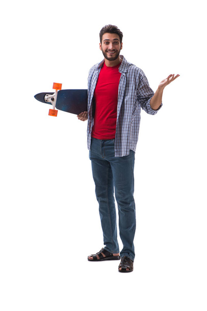 Young skateboarder with a longboard skateboard isolated on white - Foto, afbeelding
