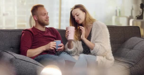 Sweet young couple drinking tea on couch - Záběry, video