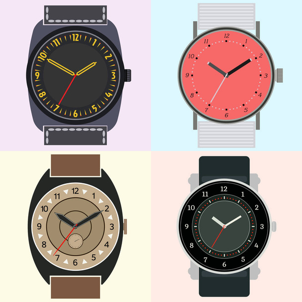 Conjunto de quatro relógios. Relógio com horas, minutos e segundos mãos
 - Vetor, Imagem
