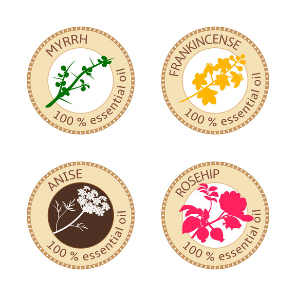 Set of flat essential oil labels. 100 percent. Myrrh, anise, rosehip, frankincense - Vector, Image