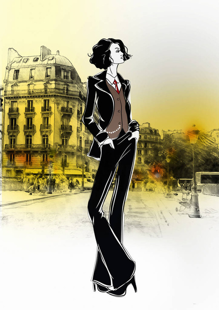 Fashion girl in sketch style in Paris. - Photo, Image
