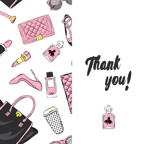 A beautiful postcard with stylish female accessories, bags, shoes, perfumes and cosmetics. Vector illustration. Ready-made design with clothes and accessories. Fashion & Style. Thank you. Happy Birthday. - ベクター画像
