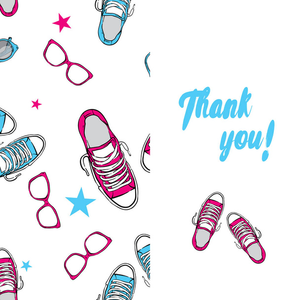 Stylish card of sneakers and glasses. Vector illustration. Shoes and accessories. Ready-made design with clothes and accessories. Thank you. Happy Birthday. - Vektor, Bild