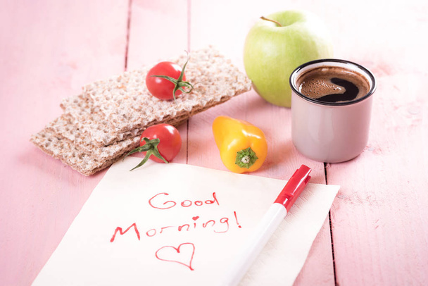 Good morning text on a napkin and snacks - Photo, Image