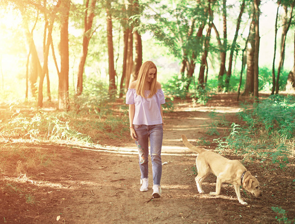 girl with a dog golden retriever outdoor - Fotoğraf, Görsel