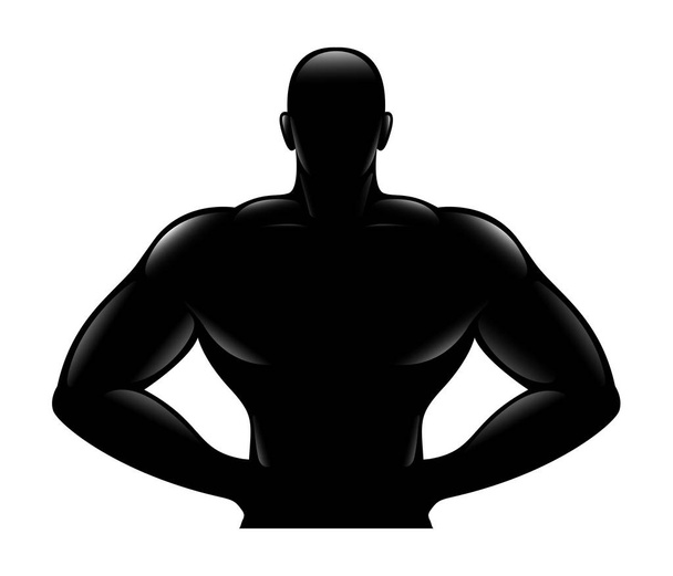 Silhouette noire d'homme de sport musclé fort, bodybuilder debout avec les mains sur les hanches, le corps, le torse nu, l'icône de volume de remise en forme et de santé. Gym Logo homme athlétique, soins de santé vecteur objet isolé
 - Vecteur, image